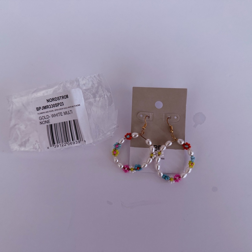 Nordstrom Gold and White Beaded Hoop Earrings